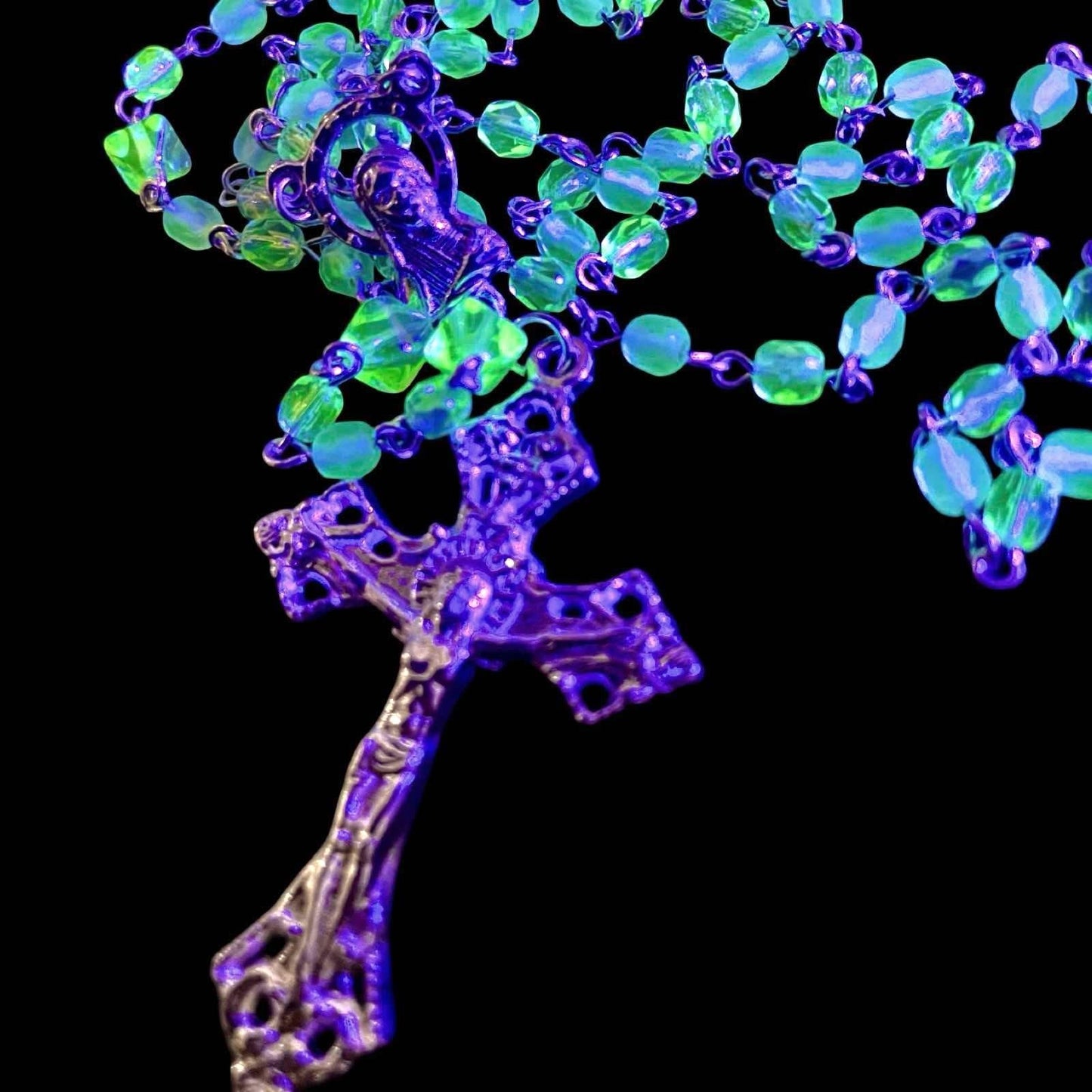 Uranium Glass Rosary with Jesus Crucifix & Virgin Mary Centerpiece | Pope’s Catholic Silver Necklace | Glows Under UV light | Prayer Jewelry