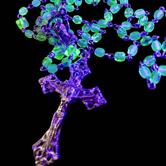 Uranium Glass Rosary with Jesus Crucifix & Virgin Mary Centerpiece | Pope’s Catholic Silver Necklace | Glows Under UV light | Prayer Jewelry