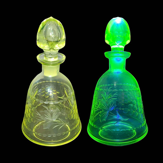 Uranium Glass Wine Decanter/Carafe | Vaseline Glass Bottle with Etched Grapes & Leaves | Glows Under UV Light | Bohemian 1930s Art Deco