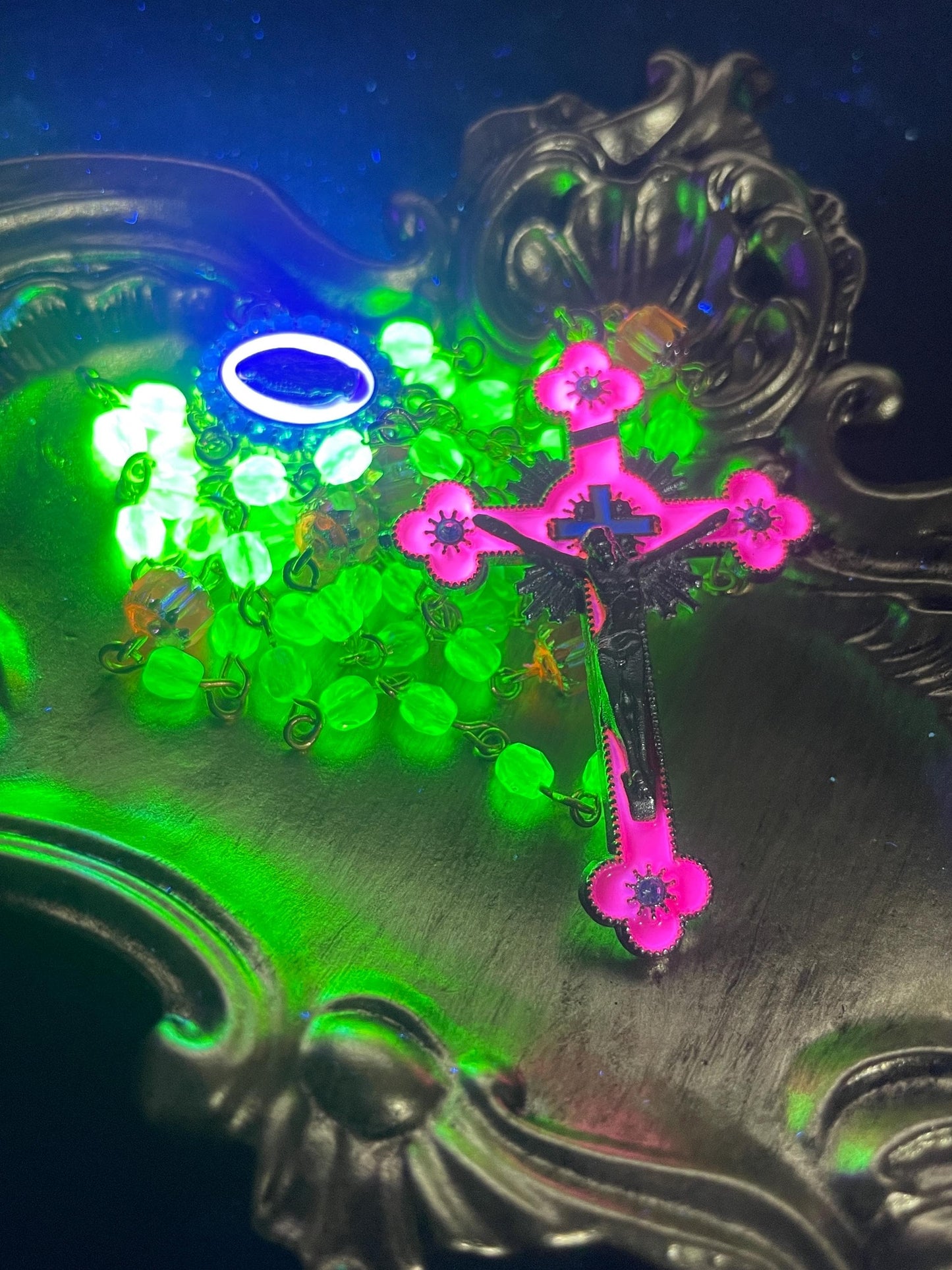 Glowing Uranium Glass Rosary | Small Catholic Crucifix Necklace | Made of 6 Colourful Cathedral Beads & 53 (4mm) FirePolished Vaseline Beads