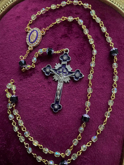 Glowing Uranium Glass Rosary | Small Catholic Crucifix Necklace | Made of 6 Colourful Cathedral Beads & 53 (4mm) FirePolished Vaseline Beads