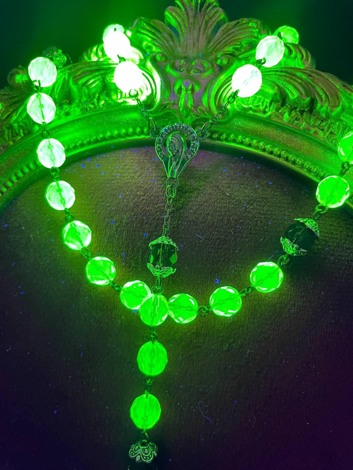 Uranium Glass Rosary with Jesus, Virgin Mary & St. Benedict | Crimson Beads Vaseline Necklace | Glowing Catholic Cross Made of 59 Beads