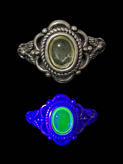 Vaseline Yellow Cabochon Ring Size 7,8 | Handmade Uranium Glass Oval Jewelry | Glows Under UV Light | Radioactive Art Deco Style