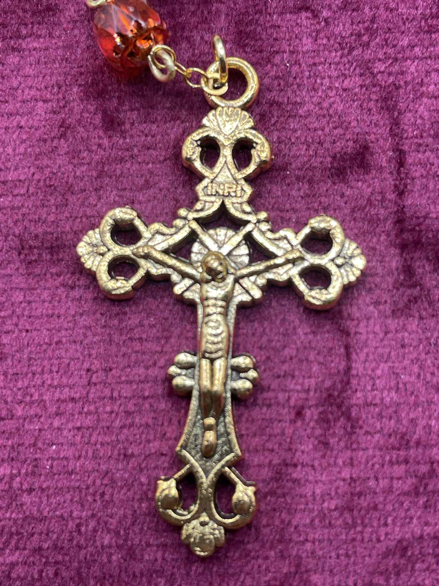 Uranium Glass Rosary | Golden Jesus Crucifix & White Holy Mary Medal | Golden Chain, 6 Orange And 53 4mm Vaseline Fire-Polished Beads
