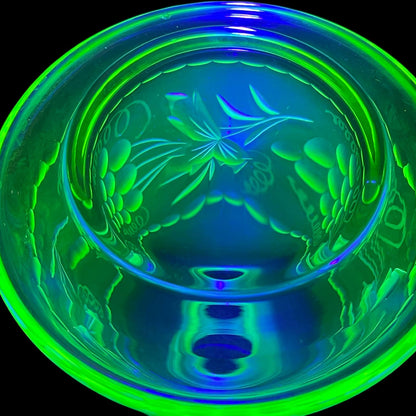 Uranium Glass Wine Decanter/Carafe | Vaseline Glass Bottle with Etched Grapes & Leaves | Glows Under UV Light | Bohemian 1930s Art Deco