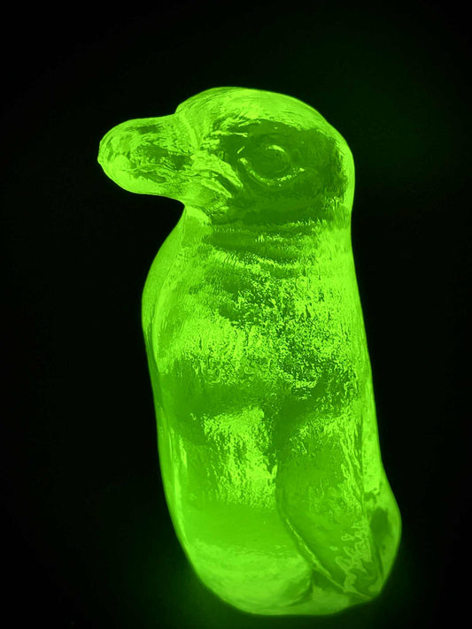 Uranium Glass (Penguin) Figurine | Glows Green Under UV Light | Vaseline Antarctic Statue of Animal | Spheniscidae Aquatic Flightless Bird
