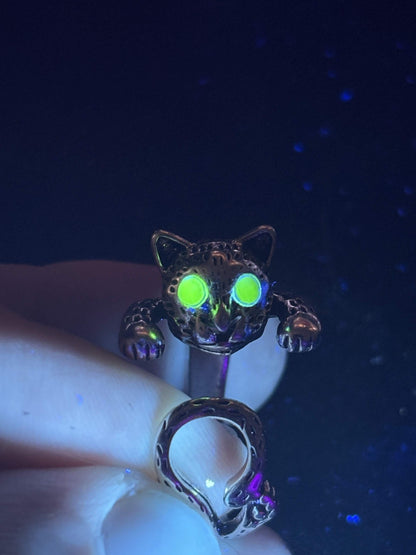 Uranium Glass (Cat) Ring (Adjustable Size) | Yellow Vaseline Glass With Metal Frame | Glows Under UV Light | Glowing Kitty Eyes