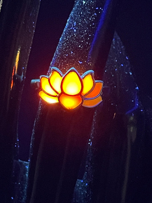 Phosphorescent Orange Fire Ring | Metal Flower Style Frame | Glow In The Dark | Resizable Luminous Jewelry