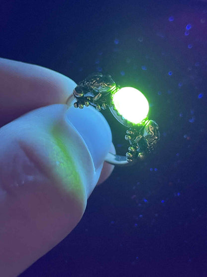 Uranium Glass (Frog) Ring Animal | Yellow Vaseline Glass With Metallic Silver Base | It Glows Under UV Light | Handcrafted Toad Jewelry