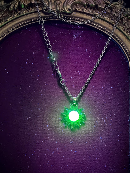 Sun Pendant from Uranium Glass | Mysterious Astrology Amulet | Glows Under UV Light | Yellow Vaseline Necklace | Dark Gothic Zodiac Jewelry