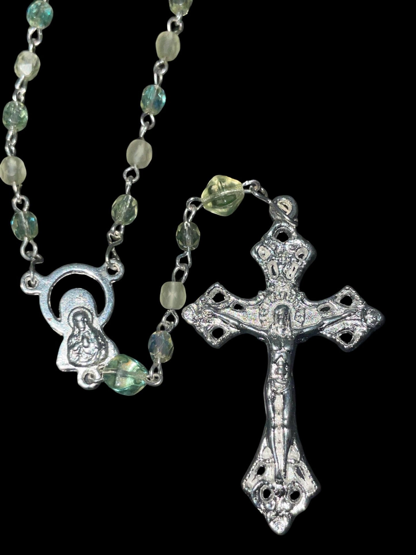 Uranium Glass Rosary with Jesus Crucifix & Virgin Mary Centerpiece | Pope’s Catholic Silver Necklace | Glows Under UV light | Prayer Jewelry