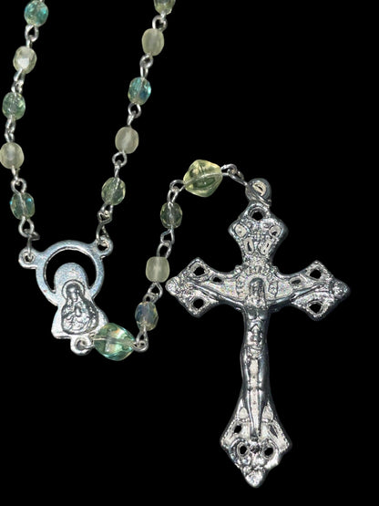 Uranium Glass Rosary with Jesus Crucifix & Virgin Mary Centerpiece | Pope’s Catholic Silver Necklace | Glows Under UV light | Prayer Jewelry