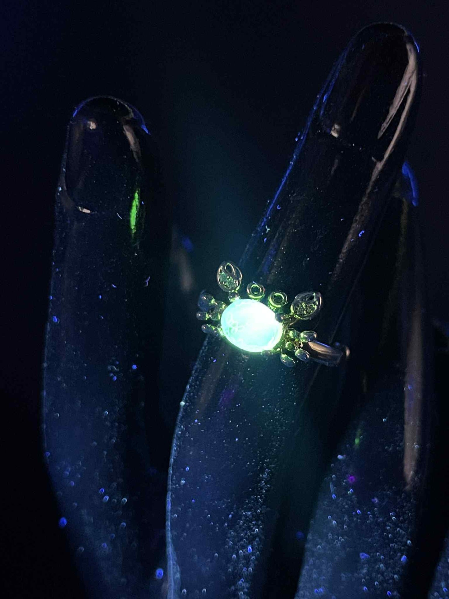 Uranium Glass (Crab) Ring (Adjustable Size) | Yellow Vaseline With Gold-tone Metal Frame | Glows Green Under UV Light | Luminous Animal