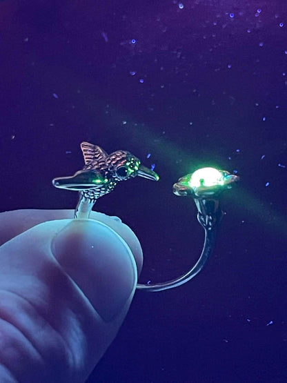 Uranium Glass (Hummingbird ) Ring With a Tiny Flower  | Adjustable Size | Glows Under UV Light | Handcrafted Vaseline Glass Jewelry