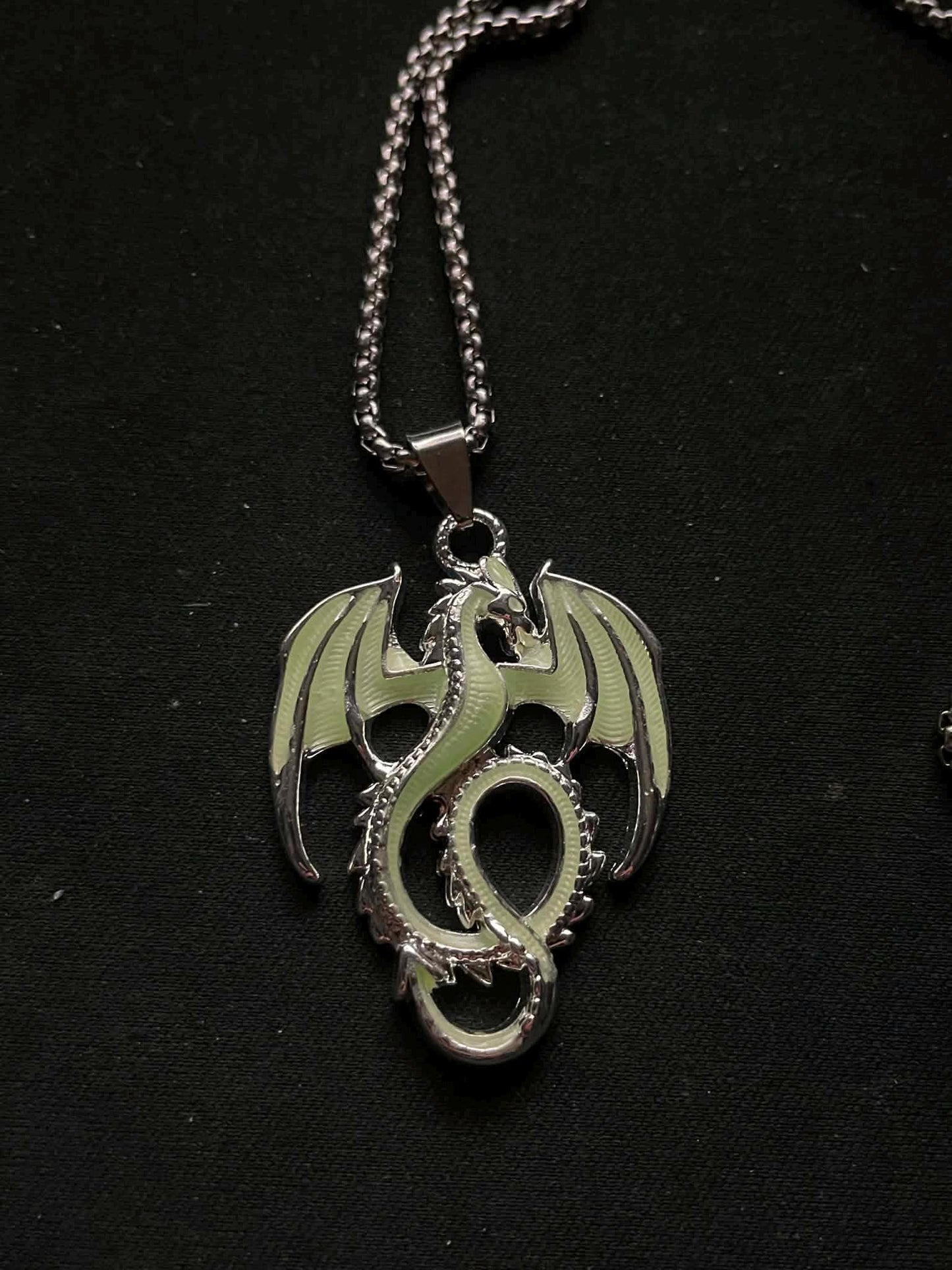 Glowing Dragon Necklace | Fluorescent Wyvern Pendant | Glows In The Dark | Green Phosphorescent Halloween Luminous Jewelry With Chain