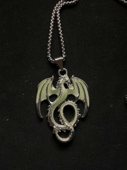 Glowing Dragon Necklace | Fluorescent Wyvern Pendant | Glows In The Dark | Green Phosphorescent Halloween Luminous Jewelry With Chain