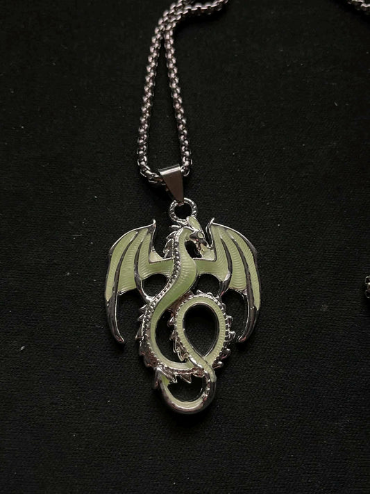 Glowing Dragon Necklace | Fluorescent Wyvern Pendant | Glows In The Dark | Green Phosphorescent Halloween Luminous Jewelry With Chain