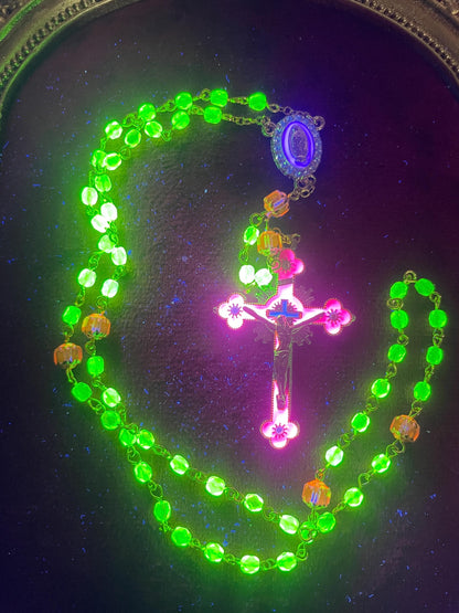 Glowing Uranium Glass Rosary | Small Catholic Crucifix Necklace | Made of 6 Colourful Cathedral Beads & 53 (4mm) FirePolished Vaseline Beads