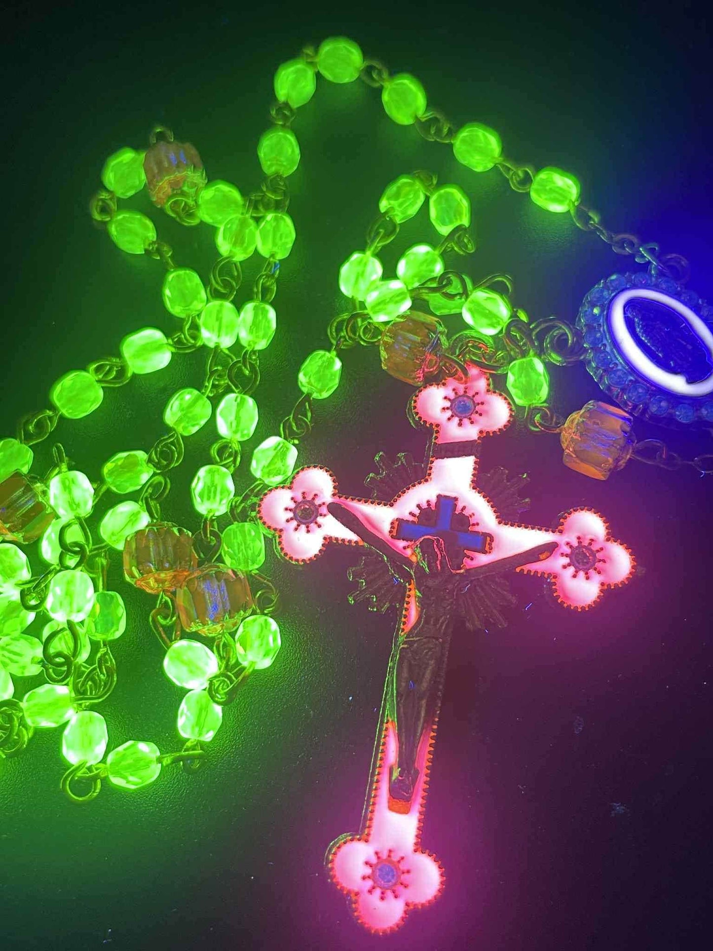 Glowing Uranium Glass Rosary | Small Catholic Crucifix Necklace | Made of 6 Colourful Cathedral Beads & 53 (4mm) FirePolished Vaseline Beads
