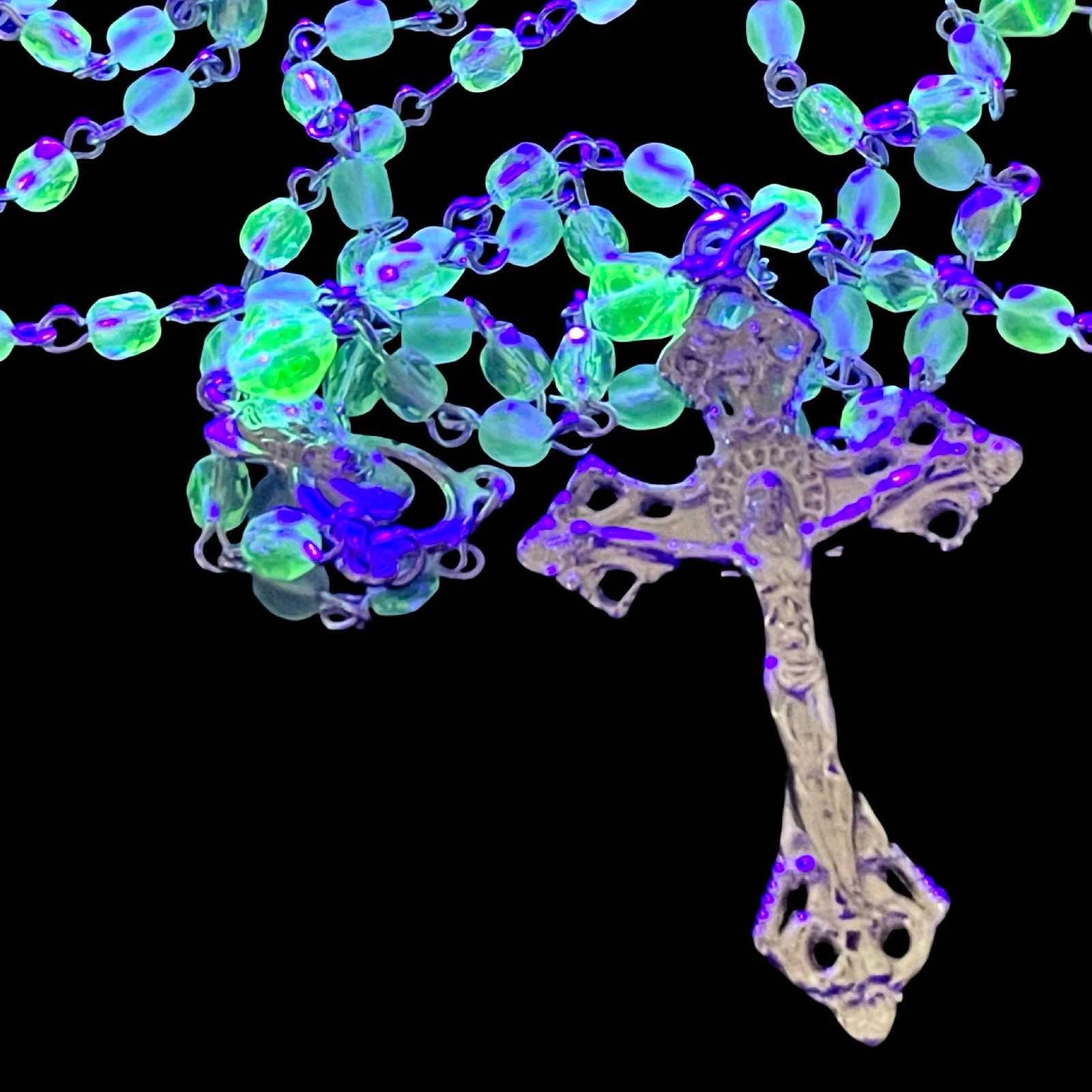 Uranium Glass Rosary with Jesus Crucifix & Virgin Mary Centerpiece | Pope’s Catholic Silver Necklace | Glows Under UV light | Prayer Jewelry