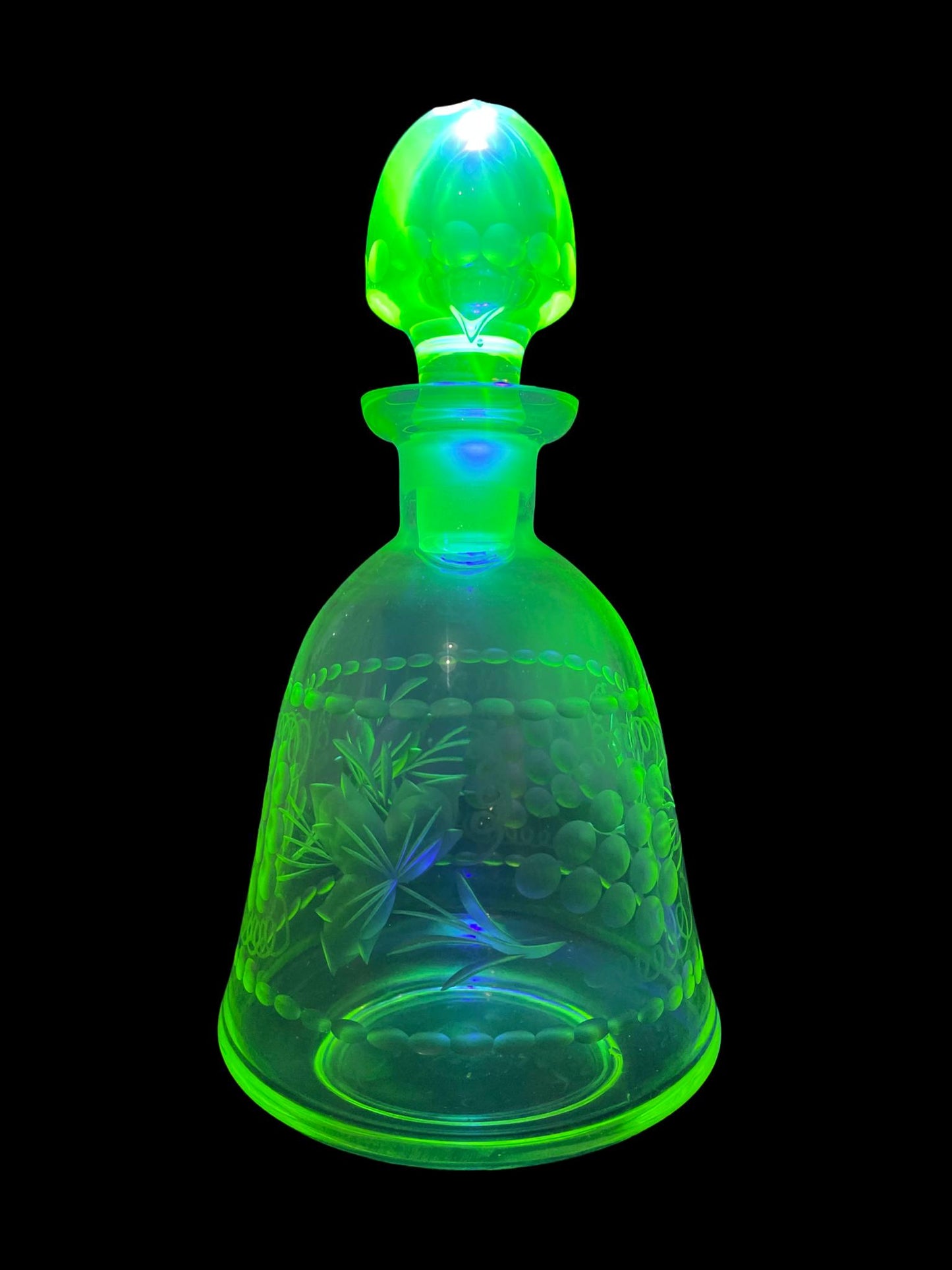 Uranium Glass Wine Decanter/Carafe | Vaseline Glass Bottle with Etched Grapes & Leaves | Glows Under UV Light | Bohemian 1930s Art Deco
