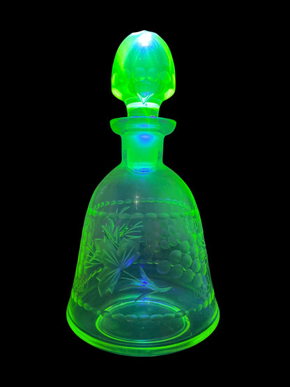 Uranium Glass Wine Decanter/Carafe | Vaseline Glass Bottle with Etched Grapes & Leaves | Glows Under UV Light | Bohemian 1930s Art Deco