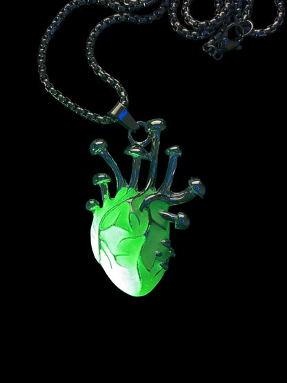 Glowing Heart Necklace | Fluorescent Human Anatomy Pendant | Glows In The Dark | Green Phosphorescent | Luminous Frankenstein Jewelry