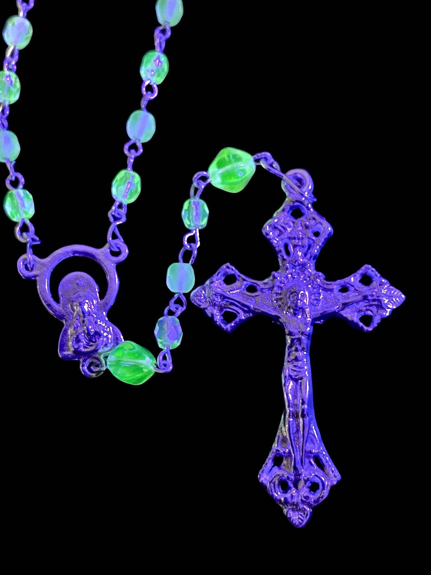 Uranium Glass Rosary with Jesus Crucifix & Virgin Mary Centerpiece | Pope’s Catholic Silver Necklace | Glows Under UV light | Prayer Jewelry