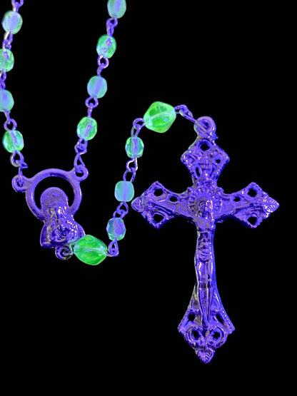 Uranium Glass Rosary with Jesus Crucifix & Virgin Mary Centerpiece | Pope’s Catholic Silver Necklace | Glows Under UV light | Prayer Jewelry
