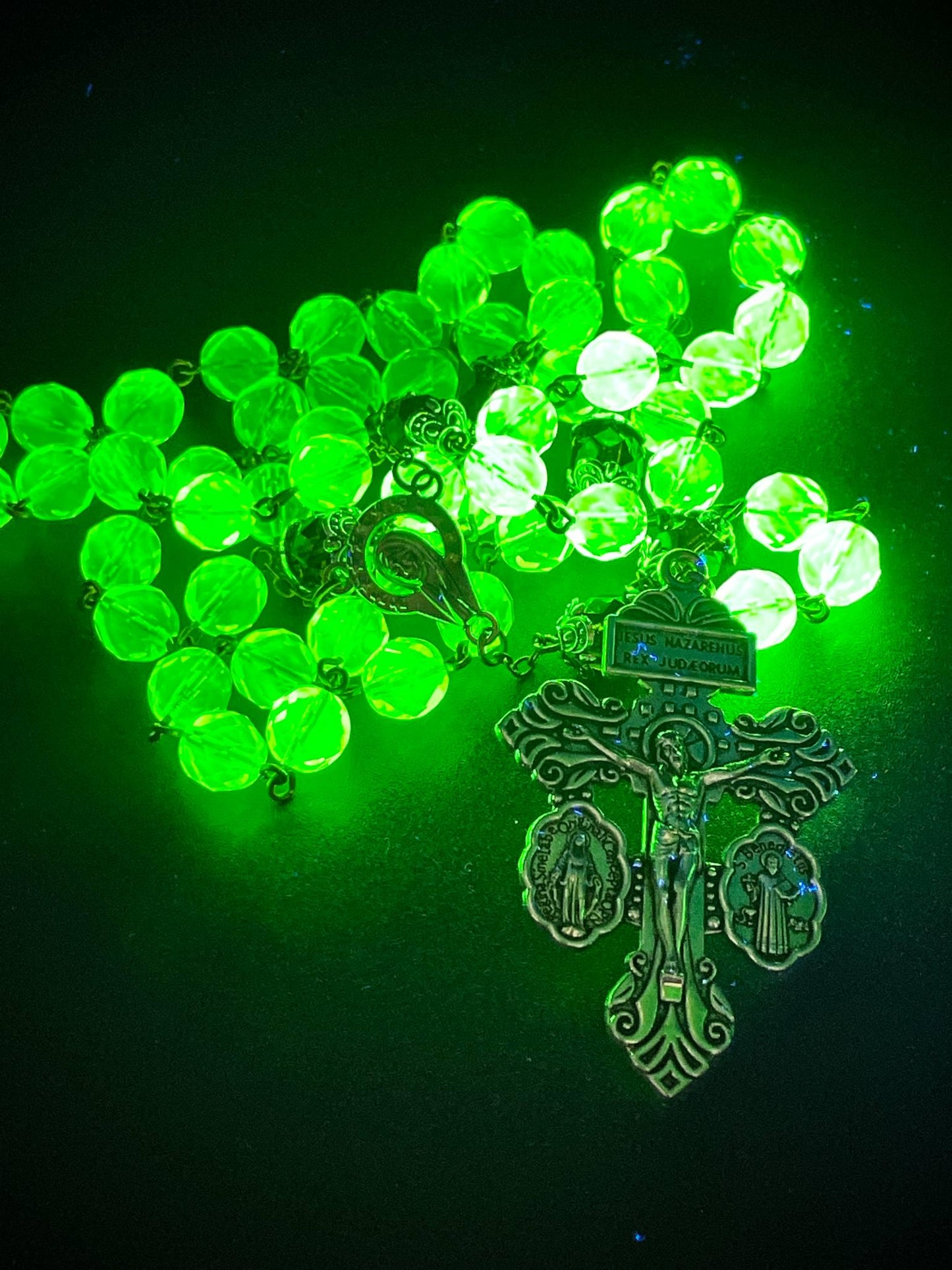 Uranium Glass Rosary with Jesus, Virgin Mary & St. Benedict | Crimson Beads Vaseline Necklace | Glowing Catholic Cross Made of 59 Beads