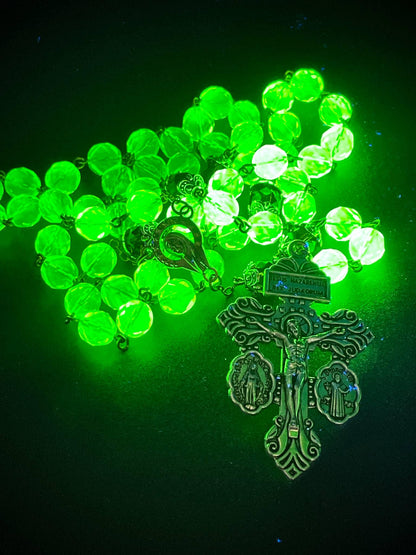 Uranium Glass Rosary with Jesus, Virgin Mary & St. Benedict | Crimson Beads Vaseline Necklace | Glowing Catholic Cross Made of 59 Beads