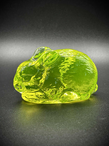 Uranium Glass (Rabbit ) Figurine | Glows Green Under UV Light | Cute Bunny Pet Made of Yellow Vaseline Glass | Leporidae Wild Mammal Statue