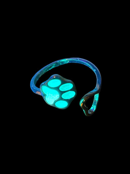 Glowing Turquoise Cat/Dog Paw Ring | Glows In The Dark | Metallic Frame With Little Heart | Adjustable Resizable Luminous Pet Lover Jewelry