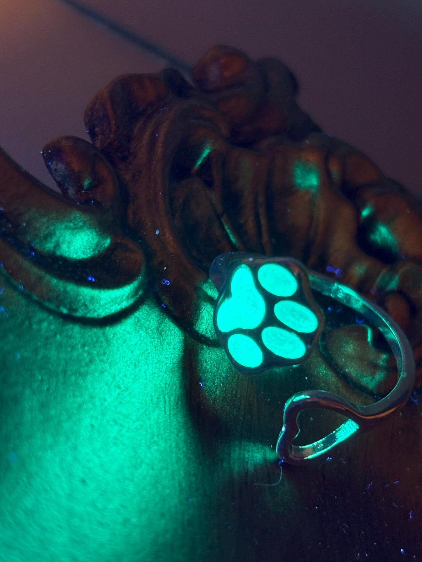 Glowing Turquoise Cat/Dog Paw Ring | Glows In The Dark | Metallic Frame With Little Heart | Adjustable Resizable Luminous Pet Lover Jewelry