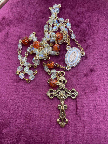 Uranium Glass Rosary | Golden Jesus Crucifix & White Holy Mary Medal | Golden Chain, 6 Orange And 53 4mm Vaseline Fire-Polished Beads