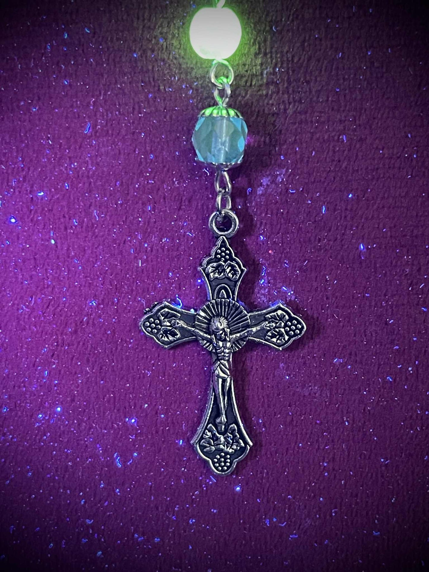 Silver-Blue (Uranium Glass) Rosary | Catholic Necklace From Yellow Vaseline Glass | Glowing Under UV Light | With Centerpiece of Saint Mary
