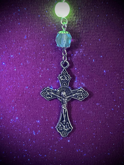 Silver-Blue (Uranium Glass) Rosary | Catholic Necklace From Yellow Vaseline Glass | Glowing Under UV Light | With Centerpiece of Saint Mary