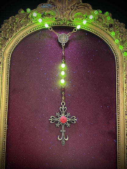 Uranium Glass (Crimson-Red) Gothic Rosary | Dark Witchy Necklace From Yellow Vaseline Glass | Glows Under UV Light | 4mm Fire-Polished Beads