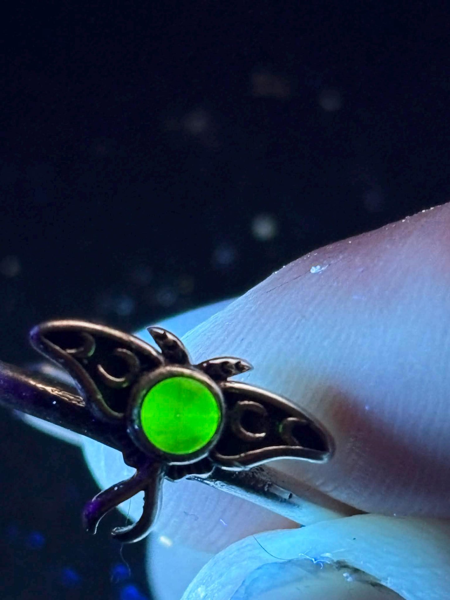 Uranium Glass Faceted Luna (Moth) Ring | Green Vaseline Bug Jewelry | It Glows Under UV Light | Sterling Silver 925 Metal | Luminous Insect