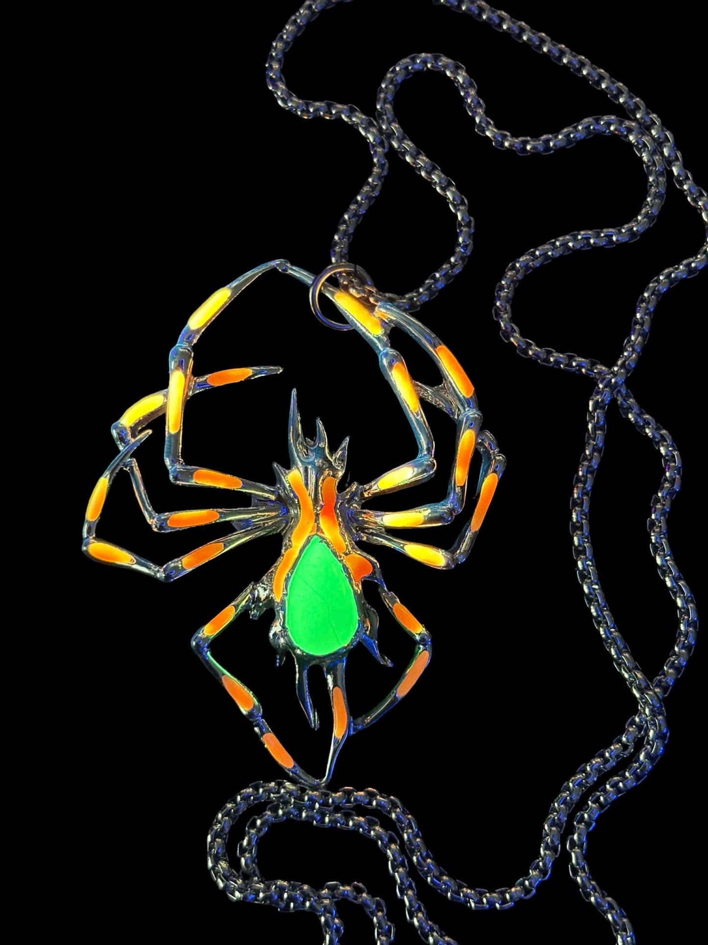 Phosphorous Spider Necklace | Fluorescent Arachnid Animal Pendant | Glows In The Dark | Stainless Steel Halloween Luminous Jewelry