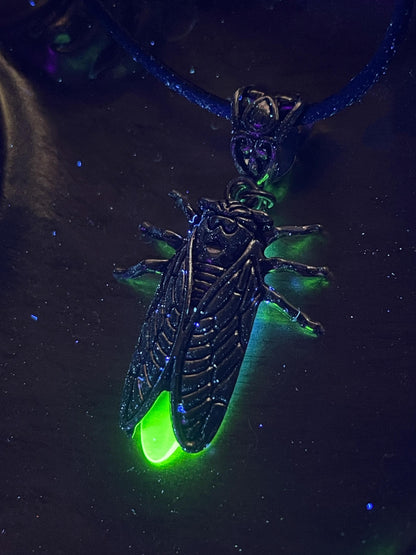 Uranium Glass Firefly Necklace | Fluorescent Yellow Vaseline Glass Pendant | Glows Under UV Light | Luminous Cicada Bug Jewelry