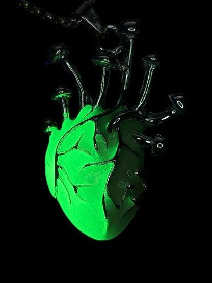 Glowing Heart Necklace | Fluorescent Human Anatomy Pendant | Glows In The Dark | Green Phosphorescent | Luminous Frankenstein Jewelry