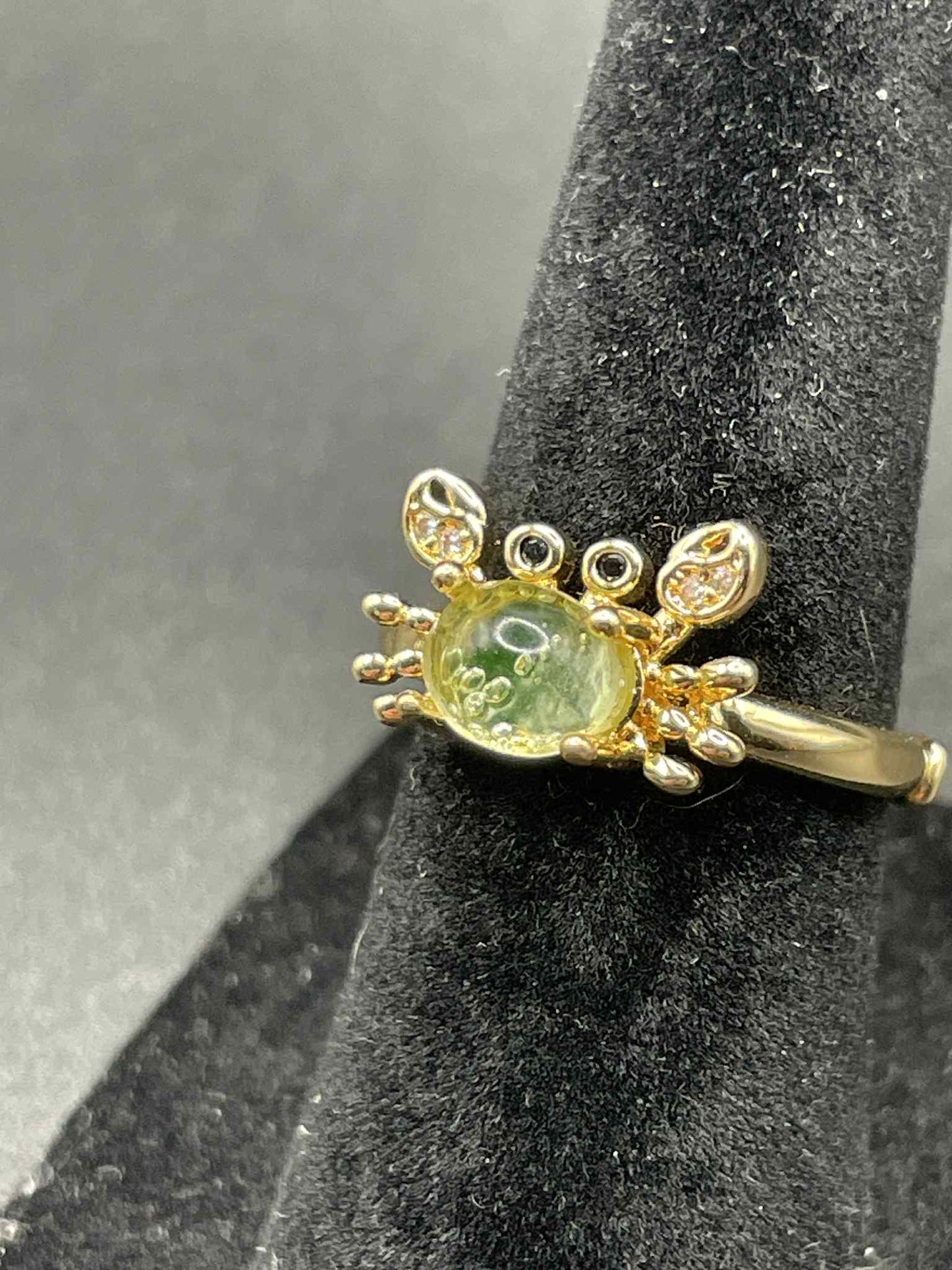 Uranium Glass (Crab) Ring (Adjustable Size) | Yellow Vaseline With Gold-tone Metal Frame | Glows Green Under UV Light | Luminous Animal