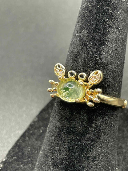 Uranium Glass (Crab) Ring (Adjustable Size) | Yellow Vaseline With Gold-tone Metal Frame | Glows Green Under UV Light | Luminous Animal