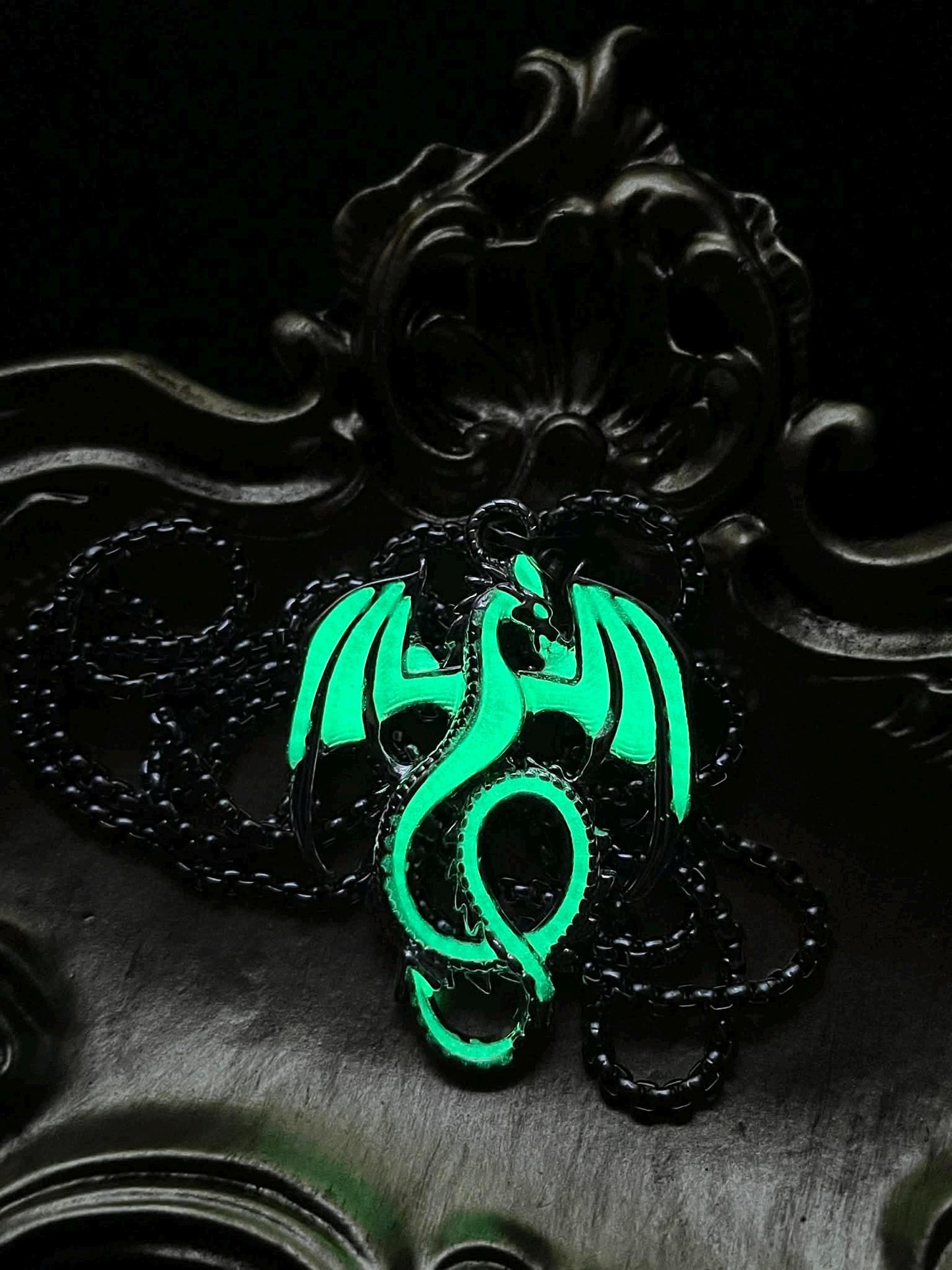 Glowing Dragon Necklace | Fluorescent Wyvern Pendant | Glows In The Dark | Green Phosphorescent Halloween Luminous Jewelry With Chain