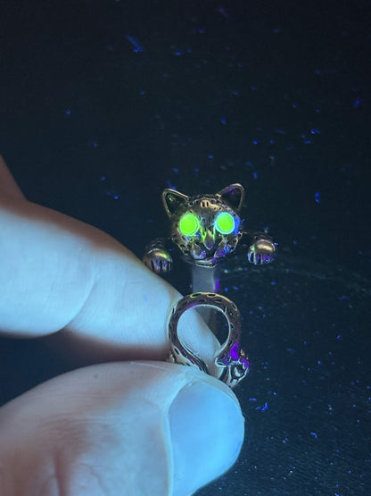 Uranium Glass (Cat) Ring (Adjustable Size) | Yellow Vaseline Glass With Metal Frame | Glows Under UV Light | Glowing Kitty Eyes