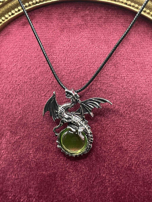 Uranium Glass (Dragon) Necklace | Dark Metal Pendant With Glowing Tail Gem | Luminous Green UV Jewelry | Gothic Fantasy Vaseline Glass