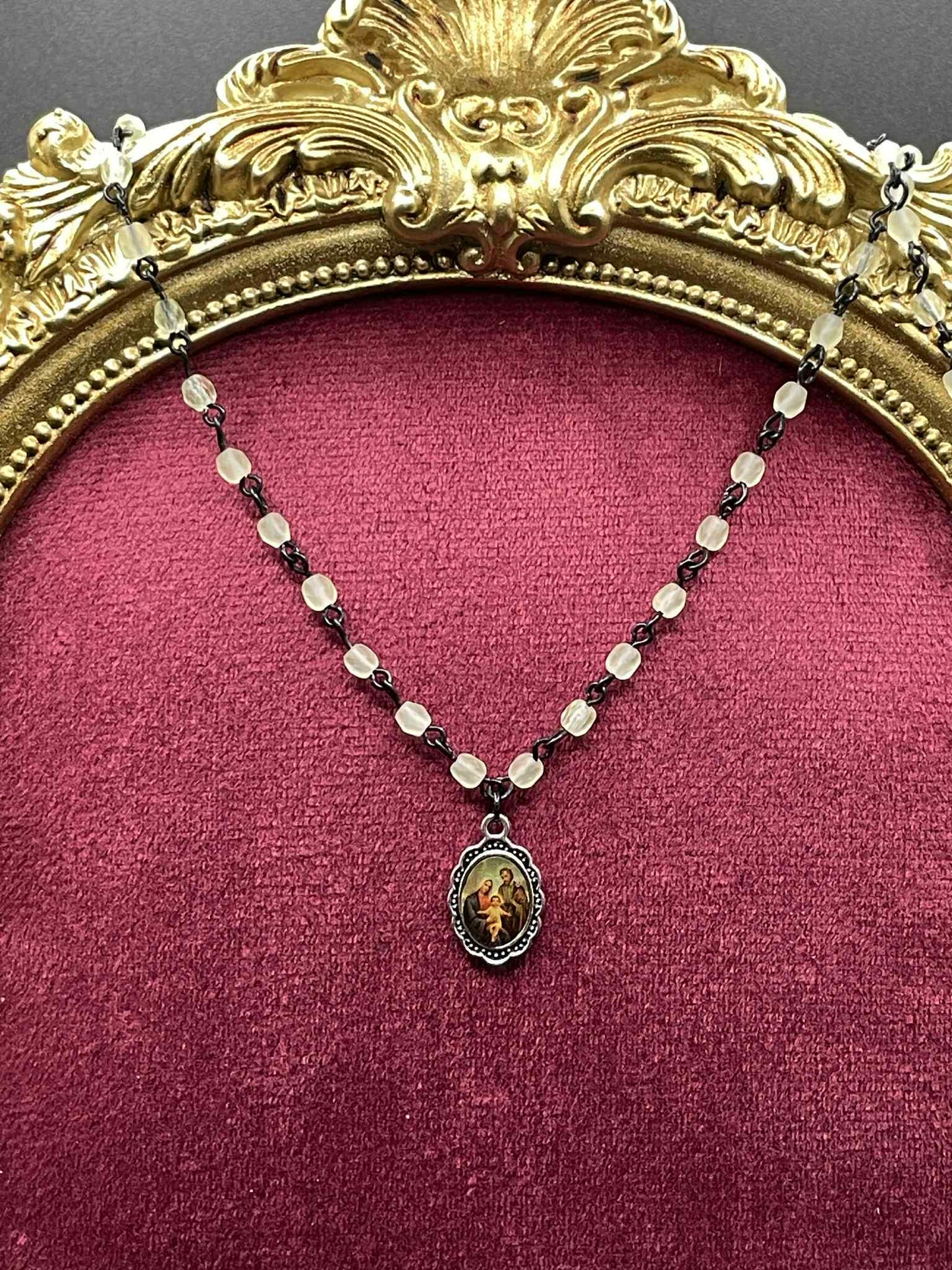 Holy Family Pendant | Uranium Glass | Saint Black Necklace With UG Beads
