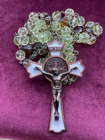 Bronze (Uranium Glass) Rosary | Fire-polished Honey Colored Beads With Bronze Flower Medal & Crucifix | Glows Under UV | Believer Jewelry