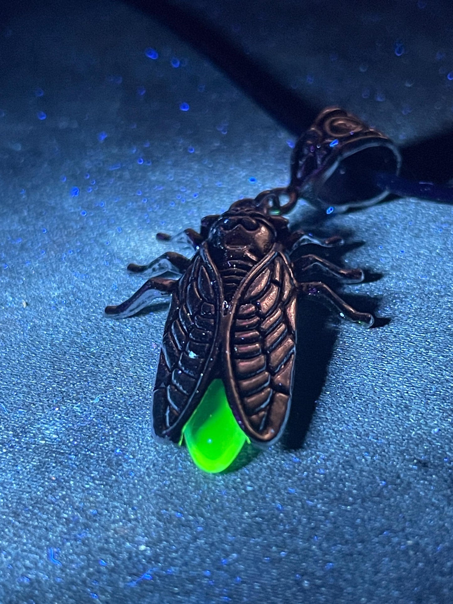 Uranium Glass Firefly Necklace | Fluorescent Yellow Vaseline Glass Pendant | Glows Under UV Light | Luminous Cicada Bug Jewelry